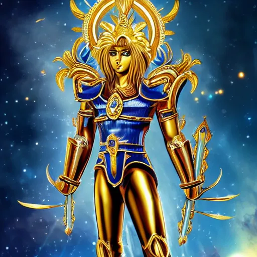 Image similar to A radiant, extreme long shot, photo of a 27-year-old Caucasian male wearing the Gemini Gold Armor, Beautiful gold Saint, Jaw-Dropping Beauty, gracious, aesthetically pleasing, dramatic eyes, intense stare, immense cosmic aura, from Knights of the Zodiac Saint Seiya, inside the Old Temple of Athena Greece,4k high resolution, exquisite art, art-gem, dramatic representation, hyper-realistic, atmospheric scene, cinematic, trending on ArtStation, Pinterest and Shutterstock, photoshopped, deep depth of field, intricate detail, finely detailed, small details, extra detail, ultra detailed, attention to detail, detailed picture, symmetrical, octane render, arnold render, unreal engine 5, high resolution, 3D, PBR, path tracing, volumetric lighting, golden hour, 8k, Photoshopped, Award Winning Photo, groundbreaking, Deep depth of field, f/22, 35mm, make all elements sharp, at golden hour, Light Academia aesthetic, Socialist realism, by Annie Leibovitz S 3789729843