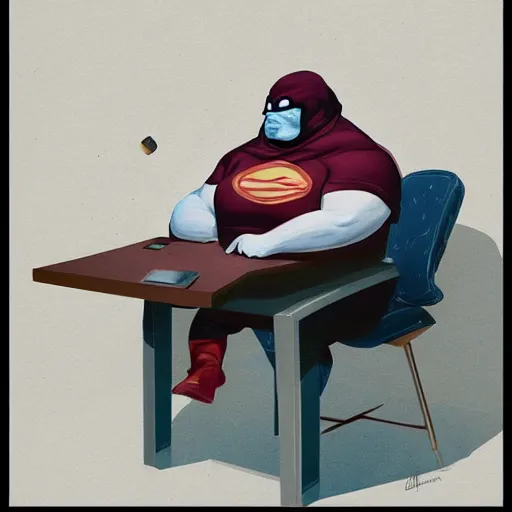 Image similar to a insanely detailed painting of a fat masked superhero wearing a costume sitting at a desk, staring at the nervously at the computer and clicking on the mouse, in the style of peter mohrbacher, dramatic lighting and composition, trending on artstation, concept art, comic book