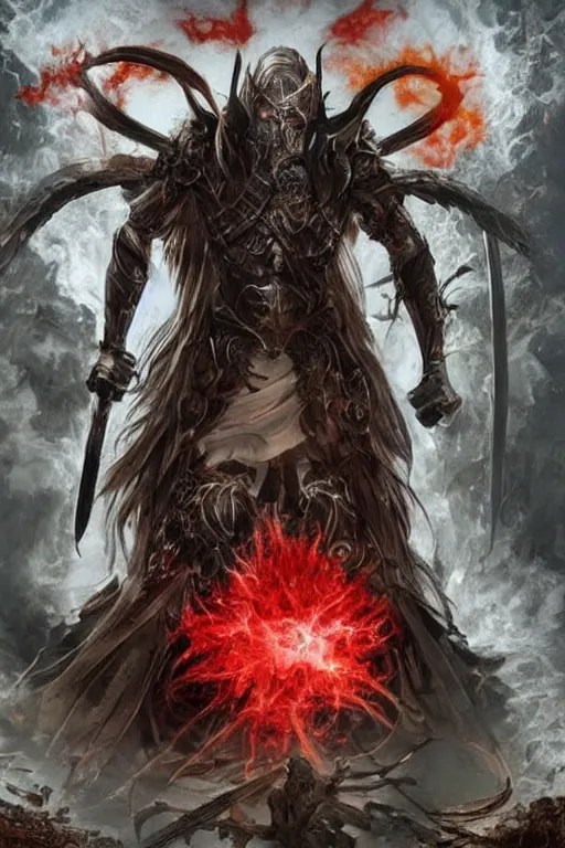 Prompt: Path of Exile, [Sirius], clear [[bronze]] face [mask], luminous red eyes, male image with [bronze] black armor, sitting on the throne, inside the ruined gothic church, black shadows, red lasers, dark red bloody fog, black-grey smoky tornadoes fly around, [[[blood]]], Anachronism, painting, dark fantasy, steampunk, 4k, perfect quality,