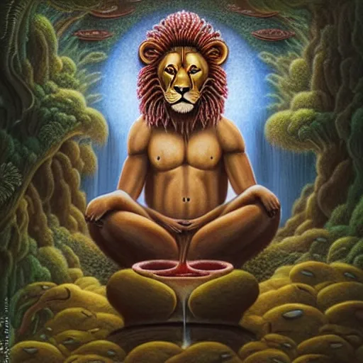 Image similar to an anthromorphic lion meditating in a zen garden with a waterfall under the blood moon, by Adi granov and afarin sajedi and amanda sage and evgeni gordiets and Agostino Arrivabene and adonna khare in a psychedelic portrait style, ultrarealistic matte painting, volumetric lighting, fractal, extremely symmetrical, highly detailed face, orisha, 8k, hd