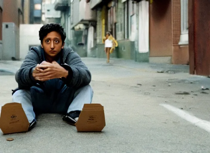 Image similar to First Official image from Cardboard, new drama film directed by Spike Jonze starring Tony Revolori as a Philadelphia b-boy in 1990 in the streets at night, shot on Kodak Vision 200T, stunning cinematography, light diffusion, film grain, 8k print, anamorphic lens.