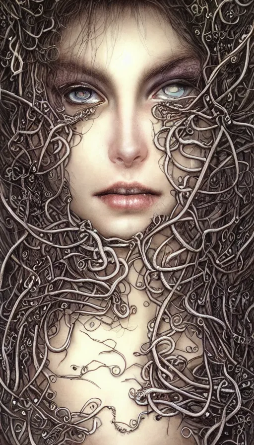 Image similar to very detailed portrait of a 2 0 years old girl surrounded by tentacles, the youg woman visage is blooming from fractal and vines, by luis royo,