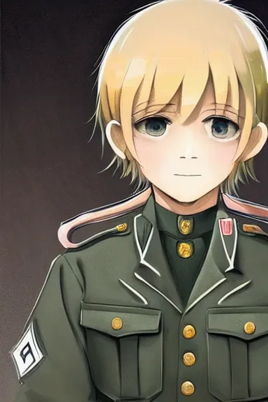 Prompt: beautiful little blonde boy in nazi male uniform. made in abyss art style, sharps focus, cute detailed artwork, anatomically correct, soft details, ilya kuvshinov, reflection, perfect composition, wallpaper mobile, illumination, digital art, detailed anime soft face, symmetrical face, western comic, illustration, realistic, nazism, lois van baarle
