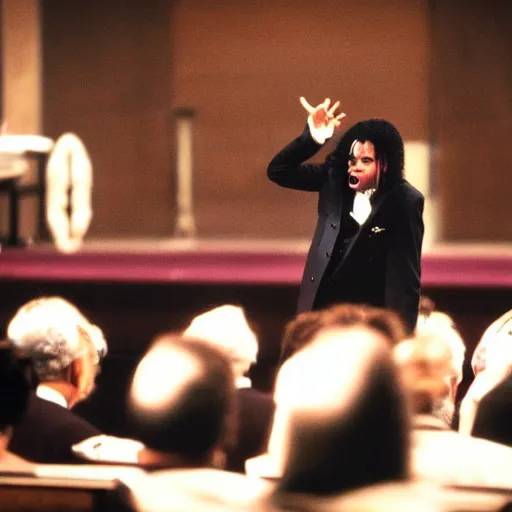 Prompt: cinematic still of Michael Jackson preaching at a Baptist Church in Detroit, close up, shallow depth of field, cinematic