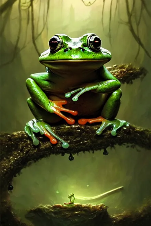 Prompt: a very happy frog, fine art, awesome fantasy book cover on Pinterest, award winning, dark fantasy landscape, fantasy magic, intricate, elegant, sharp focus, cinematic lighting, highly detailed, digital painting, concept art, art by WLOP and Artgerm and Greg Rutkowski, masterpiece, trending on artstation, 8K