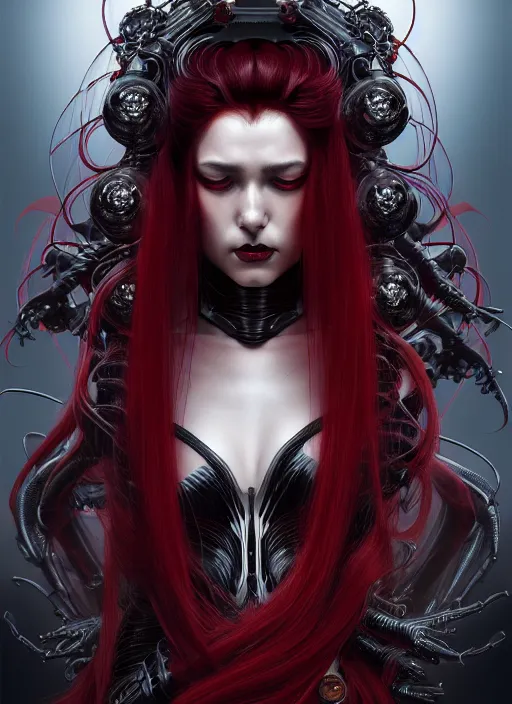 Image similar to a photorealistic detailed image of a beautiful stoic vampire in sci - fi bionic armor with flowing hair, black and red only, intricate, elegant, highly detailed, digital painting, artstation, concept art, smooth, sharp focus, illustration, art by hana yata, artem demura, alphonse mucha, octane render, unreal engine, 8 k