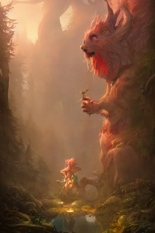 Image similar to a beautiful hyperrealistic painting of a forest troll by peter mohrbacher, gigantic, octane render, brilliantly coloured, intricate, ultra wide angle, trending on artstation, dusk, volumetric lighting, polished, micro details, ray tracing, 8k