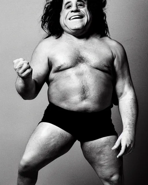 Image similar to portrait of danny devito as a wrestler. photographic, photography