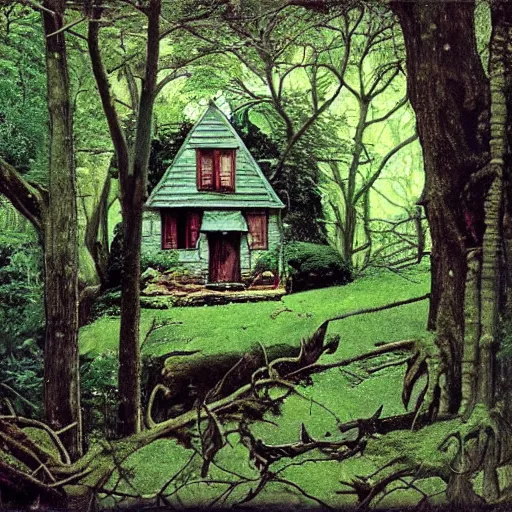 Image similar to witch cottage in the forest, lush forest art by norman rockwell, wide angle