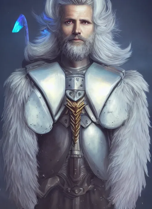 Image similar to an epic fantastic realism comic book style portrait painting of an aasimar paladin, male, big angel wings on back, shaggy silver hair, short brown beard, d & d concept art, unreal 5, daz, teal aesthetic, octane render, cosplay, rpg portrait, dynamic lighting