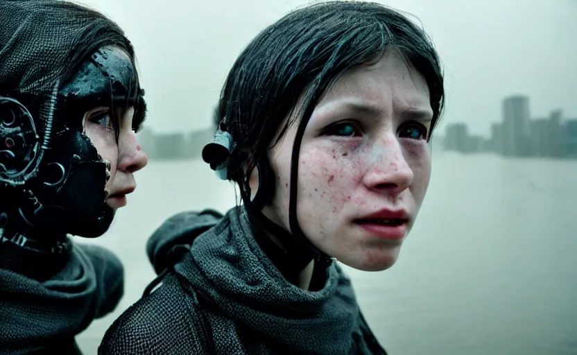 Image similar to cinestill 5 0 d candid photographic portrait by helen levitt of two loving female androids wearing rugged black mesh techwear in treacherous waters, extreme closeup, modern cyberpunk moody emotional cinematic dark, dust storm, 8 k, hd, high resolution, 3 5 mm, f / 3 2, ultra realistic faces, ex machina