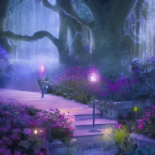 Prompt: fairy glowing magically at night concept art, realistic garden, beautiful, glorious, matte painting, highly detailed, trending on artstation, 4 k, rendered in octane