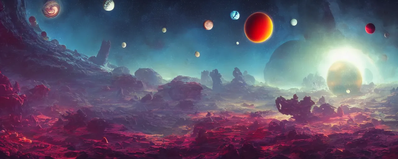 Image similar to ” gas planets on another world, [ cinematic, detailed, epic, widescreen, opening, establishing, mattepainting, photorealistic, 4 k, octane render, art by paul lehr ] ”