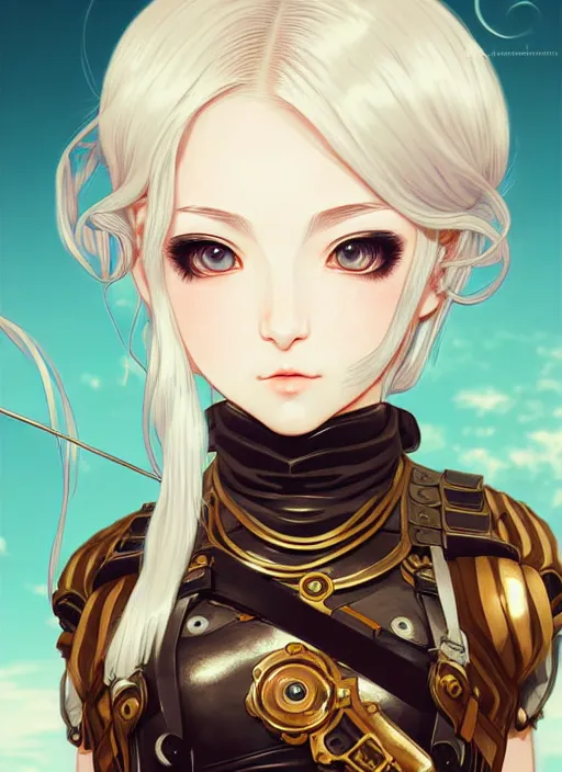 Image similar to portrait Anime girl in steampunk bikini armor, cute-fine-face, white-hair pretty face, realistic shaded Perfect face, fine details. Anime, steampunk, bioshock. realistic shaded lighting by Ilya Kuvshinov and Gustav Klimt