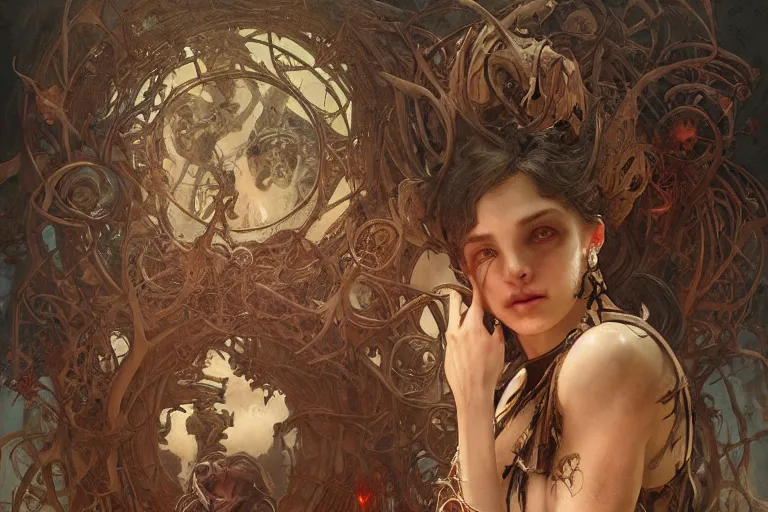 Prompt: a painting of hell, agony, pain, scary, creepy, concept art, intricate details, eerie, highly detailed, photorealistic, octane render, 8 k, unreal engine. art by artgerm and greg rutkowski and alphonse mucha