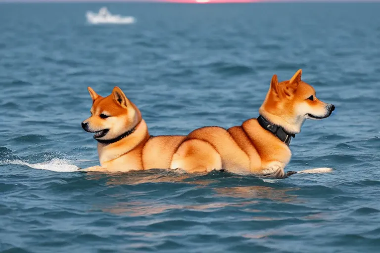 Prompt: a shiba inu sailing in a boat in the sea alone, with a castle in the background, sunset, epic, dramatic, realistic, 4k