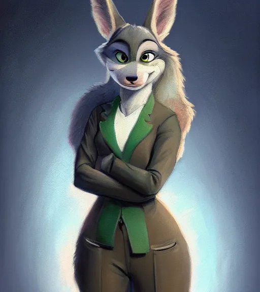 Image similar to oil painting of detailed full body of anthromorphic female wolf, in style of zootopia, zootopia, zootopia, fursona, furry, furaffinity, 4 k, deviantart, furry art, fursona art, wearing black business suit, business suit, in style of zootopia, wolf fursona, cyberpunk, female, expressive detailed feminine face,