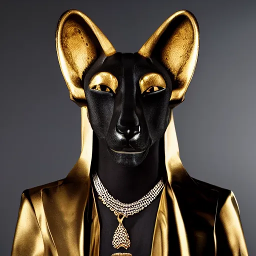 Image similar to portrait of Anubis wearing an elegant suit with a shiny gold necklace, looking at the camera, black background, studio light