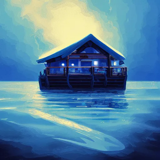 Prompt: poseidon cabin, camp half-blood, blue colors, artstation, afternoon lighting, highly detailed, by alena aenami