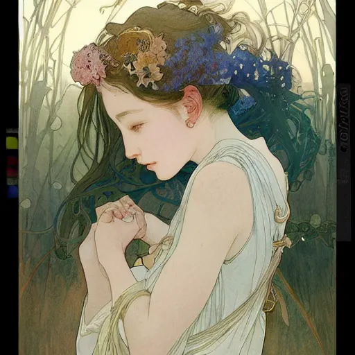 Prompt: a beautiful intricate watercolor illustration of a sleeping cute girl, 4 k, ultra - wide angle, by william turner, by victo ngai, by alphonse mucha, by miho hirano, by ellen jewett, hd, trending on artstation, hyper detailed, muted colors