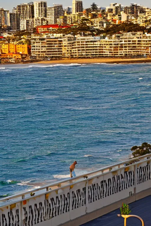 Prompt: View from Bondi Beach balcony, golden hour, depth of field, high resolution, award winning.