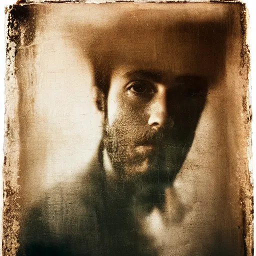 Image similar to A double exposure of a collodion-styled portrait of a man coupled with an abstract oil-on-canvas painting, bokeh, depth of field, dreamy