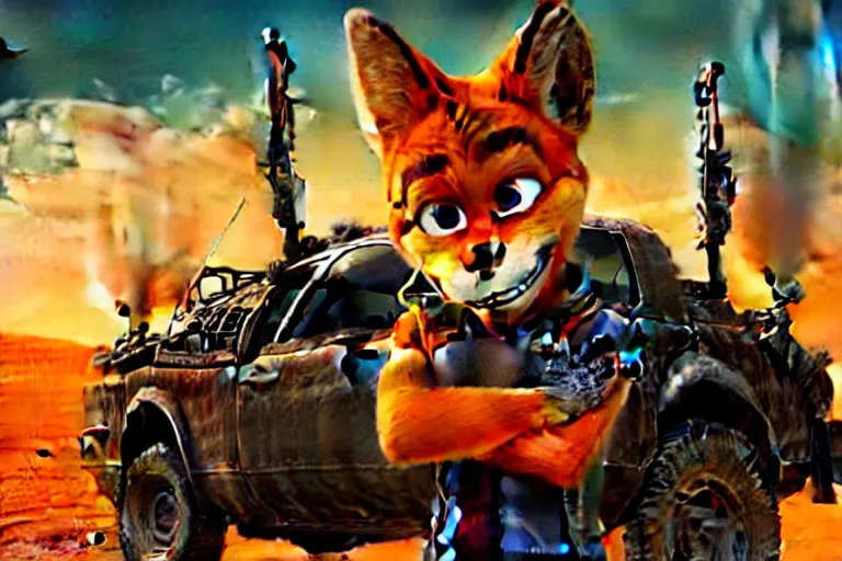 Image similar to nick wilde, heavily armed and armored facing down armageddon in a dark and gritty reboot from the makers of mad max : fury road