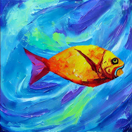 Prompt: fish floating in space, impasto painting