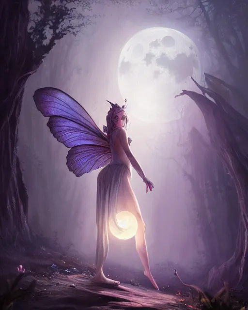 Image similar to attractive fairy goddness fly high in the night, d & d, fantasy, mist, full moon in background, trees, hyper detailed, art by artgerm and greg rutkowski and magali villeneuve, midium shot, 8 k realistic, cryengine, digital painting, trending on artstation, concept art, sharp focus, illustration,