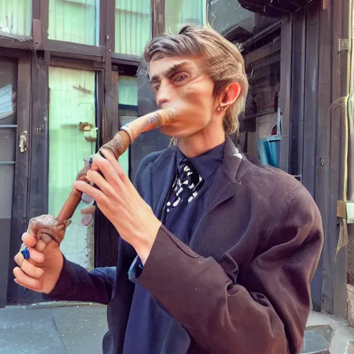 Image similar to goblin e - boy smoking a long weird pipe