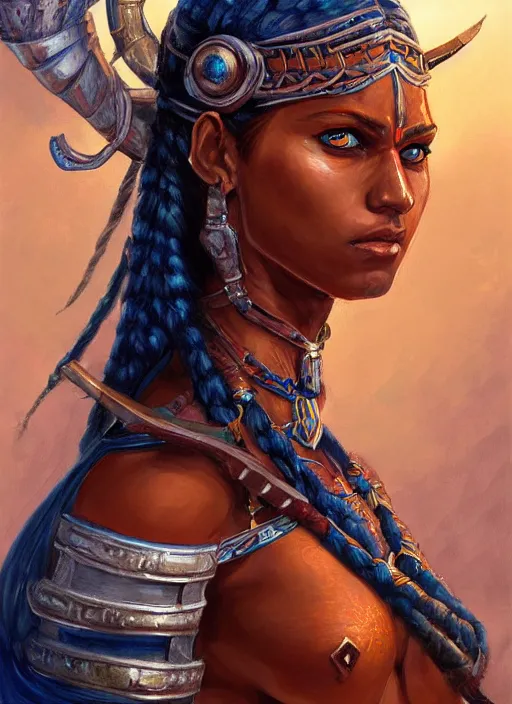 Prompt: highly detailed painting of a warrior goddess maldivian, tan skin, blue - eyes, high fantasy, dungeons and dragons art by jon foster trending on artstation