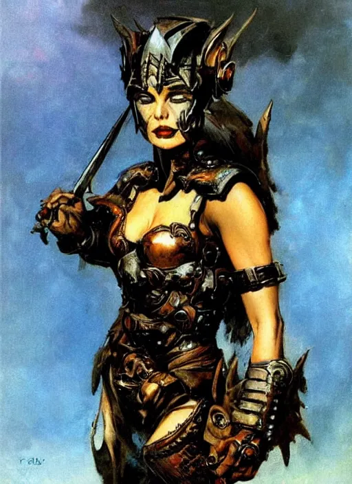 Prompt: portrait of european female chaos angel, beautiful! coherent! by frank frazetta, by brom, strong line, deep color, copper armor, iron helm, high contrast, maximalist