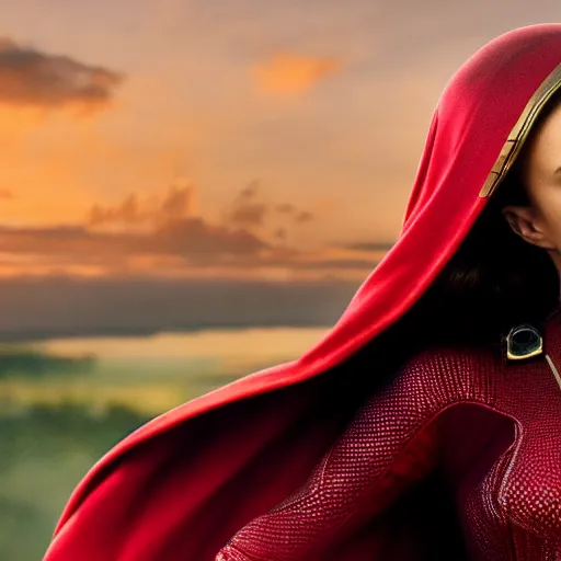 Image similar to Natalie Portman as scarlet witch from MCU, highly detailed, 8K HDR, sunset.