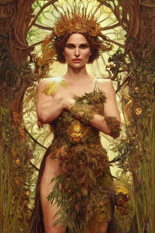 Image similar to natalie portman as queen of the jungle, painted by nekro, alphonse mucha, dark - fantasy, intricate detail, artstation, cgsociety, rococo, gold leaf art