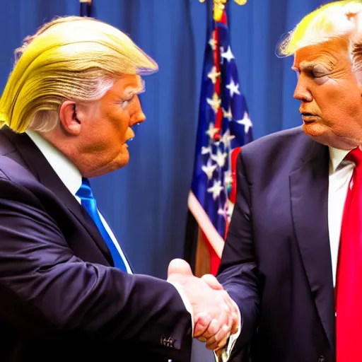 Image similar to professional photograph of Donald Trump and Peter Griffin shaking hands at a press conference, 8k, highly detailed, highly intricate,