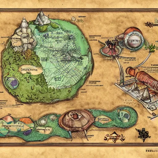 Image similar to imaginary map of a fantacy world, different realms, mobile game art, blueprint, infographic, vintage theme, on paper, natural colors, with notes, highly detailed, hyper realistic