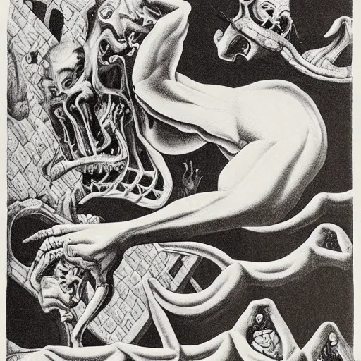 Image similar to high quality rendition of a horrifying man eater by m. c escher, m night shamalan, steven king and h. p. lovecraft. this will keep me up at night.