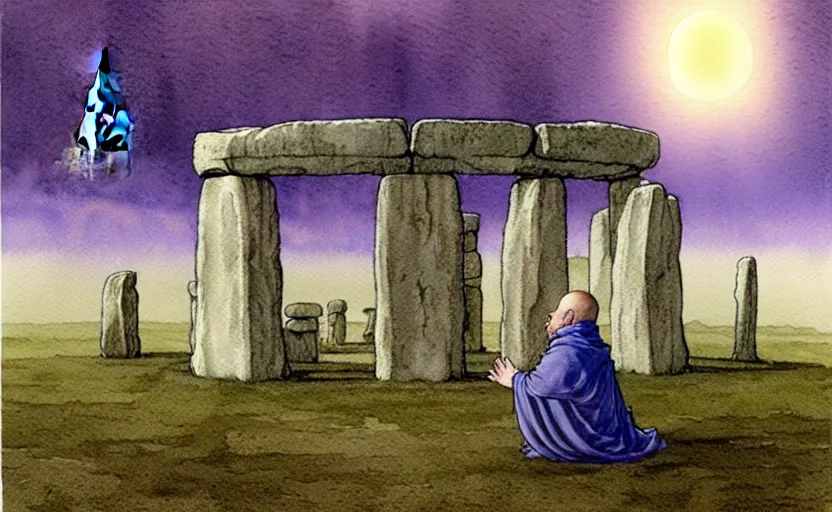 Image similar to a hyperrealist watercolour character concept art portrait of one small grey medieval monk kneeling down in prayer in front of a floating portal above a complete stonehenge monument on a misty night. a ufo is in the sky. by rebecca guay, michael kaluta, charles vess and jean moebius giraud