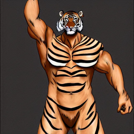 Prompt: A muscular standing tiger posing for the camera, featured on DeviantArt, FurAffinity