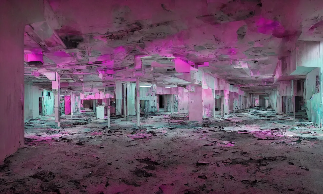 Prompt: backrooms abandoned mall, ominous neon pink and purple vaporwave lighting, moldy walls and shallow water, shadowy tall figures in the distance, bright smile in a dark spot