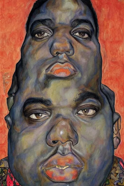 Image similar to a portrait of biggie smalls wearing boho - chic style clothes, full body!!, realistic painting in egon schiele style, masterpiece, hyperdetailed, complex, intricate, 4 k, trending on artstation