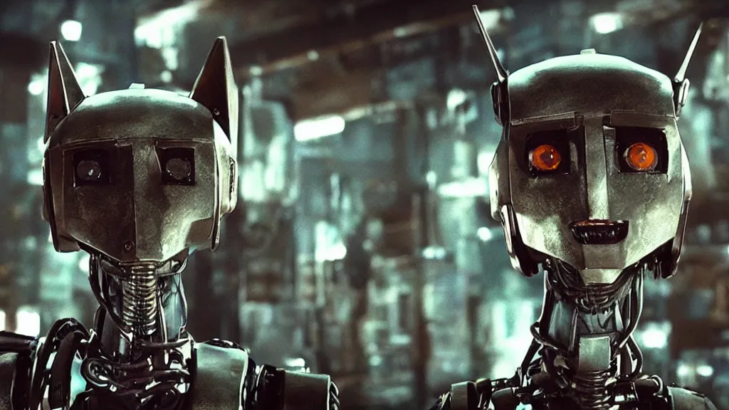 Image similar to film still from the movie chappie of the robot chappie furry anthro anthropomorphic stylized cat ears head android service droid robot machine fursona