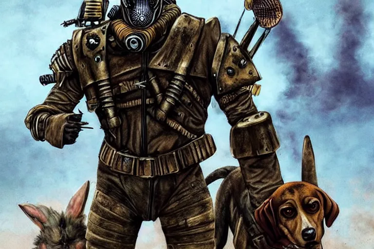 Image similar to a good ol'hound dog fursona ( from the furry fandom ), heavily armed and armored facing down armageddon in a dark and gritty version from the makers of mad max : fury road. witness me.