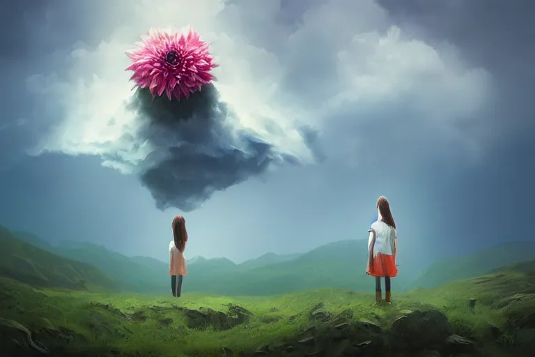 Image similar to closeup giant dahlia flower as head, girl standing on mountain, surreal photography, blue storm clouds, dramatic light, impressionist painting, digital painting, artstation, simon stalenhag