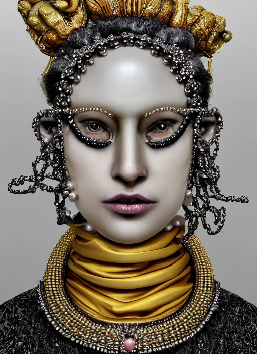 Prompt: hyperrealism, detailed textures, award winning autochrome photo, symetrical alien pearl medusa queen autochrome pearl portrait, pearl silverplate, intricate, detailed facial pearl animal mask, pearl, golden jewelery, silverplate, ultra realistic, cinematic, intricate, cinematic light by steve mccurry, unreal engine 8 k