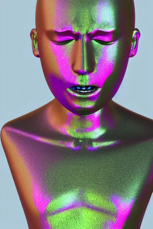 Image similar to 3d render of holographic angry human robotic screaming angry bust made of glossy iridescent, screaming, bust, surrealistic 3d illustration of a human non-binary, non binary model, 3d model human, cryengine, made of holographic texture, holographic material, holographic rainbow, concept of cyborg and artificial intelligence