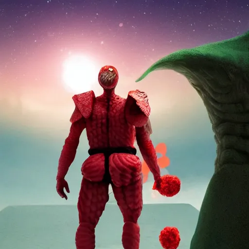 Prompt: a male humanoid giant has skin that looks like red and white hard candy, the giant is wearing a peppermint armor and his back has wings made of mint leaves, the giant has a christmas present in his hand, cinematic dune movie still