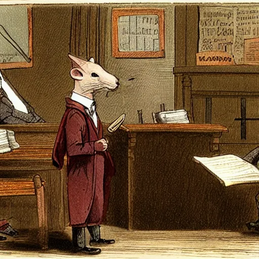 Image similar to templeton the rat as an 1800s barrister arguing his case in a stuffy courtroom