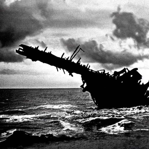 Prompt: shipwreck in thunderstorm, movie still, cinematic Eastman 5384 film