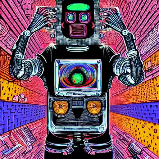 Image similar to a black tshirt with a hyperdetailed portrait of a cyberpunk robot by robert crumb, 8 k, symetrical, flourescent colors, happy trippy mood, multicolored,